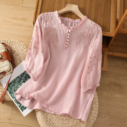 Suzanne | Women's Elegant Embroidered Button-Front Relaxed Fit Blouse 2