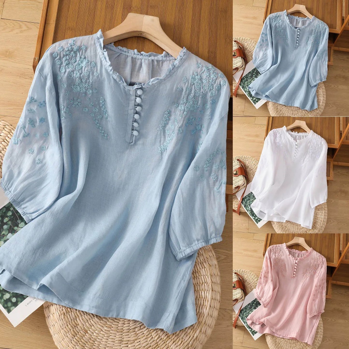 Suzanne | Women's Elegant Embroidered Button-Front Relaxed Fit Blouse 4