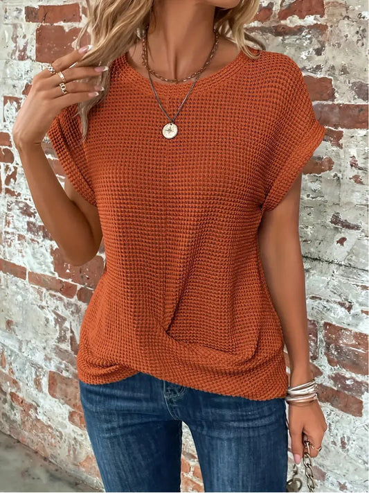 Sylvia | Women's Casual Waffle Knit Rolled Sleeve Flattering Front Twist Tee 0