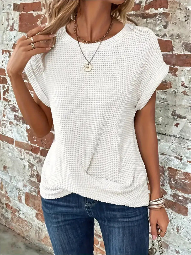 Sylvia | Women's Casual Waffle Knit Rolled Sleeve Flattering Front Twist Tee 1