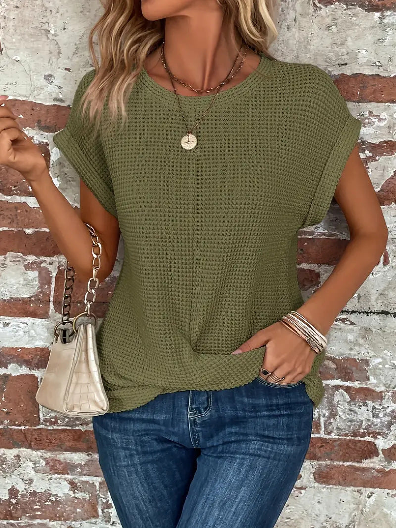 Sylvia | Women's Casual Waffle Knit Rolled Sleeve Flattering Front Twist Tee 3