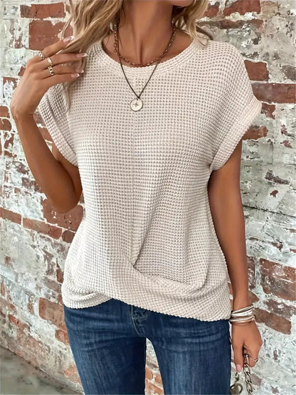 Sylvia | Women's Casual Waffle Knit Rolled Sleeve Flattering Front Twist Tee 4