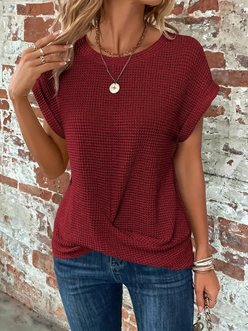 Sylvia | Women's Casual Waffle Knit Rolled Sleeve Flattering Front Twist Tee 5