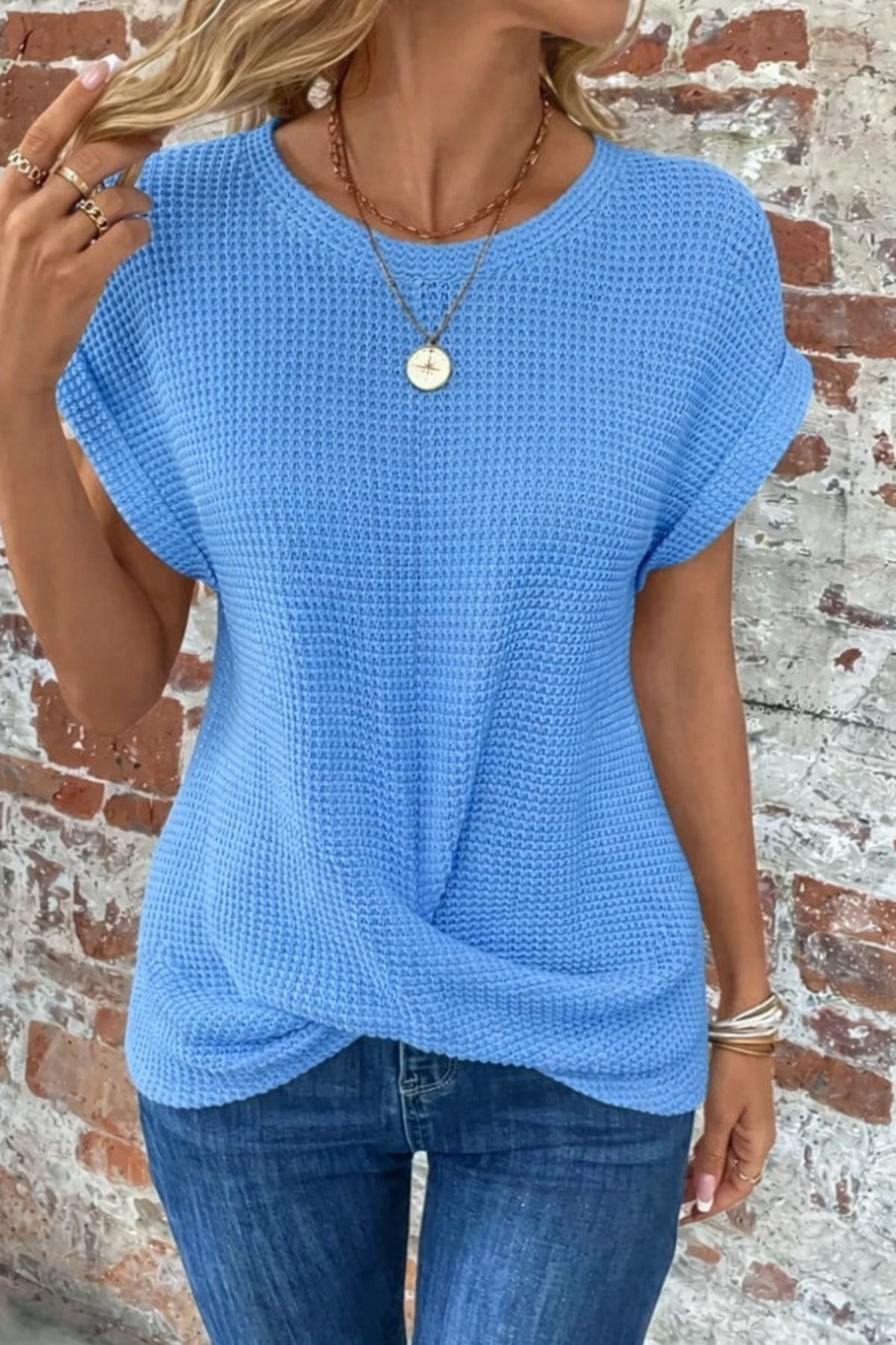 Sylvia | Women's Casual Waffle Knit Rolled Sleeve Flattering Front Twist Tee 9