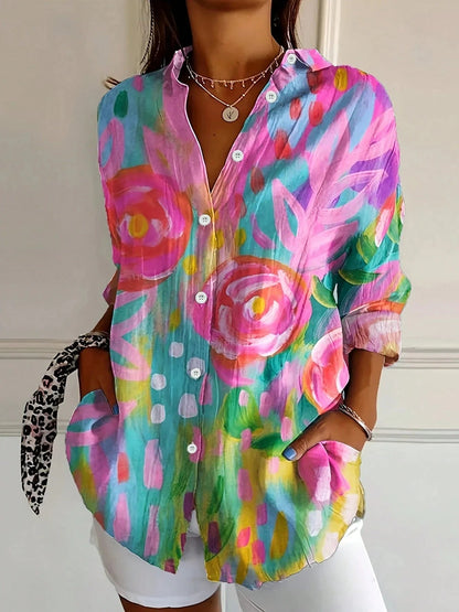 Terri | Women's Playful Relaxed Fit Short Sleeve Round Neck Vibrant Print Blouse 0
