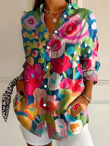 Terri | Women's Playful Relaxed Fit Short Sleeve Round Neck Vibrant Print Blouse 4