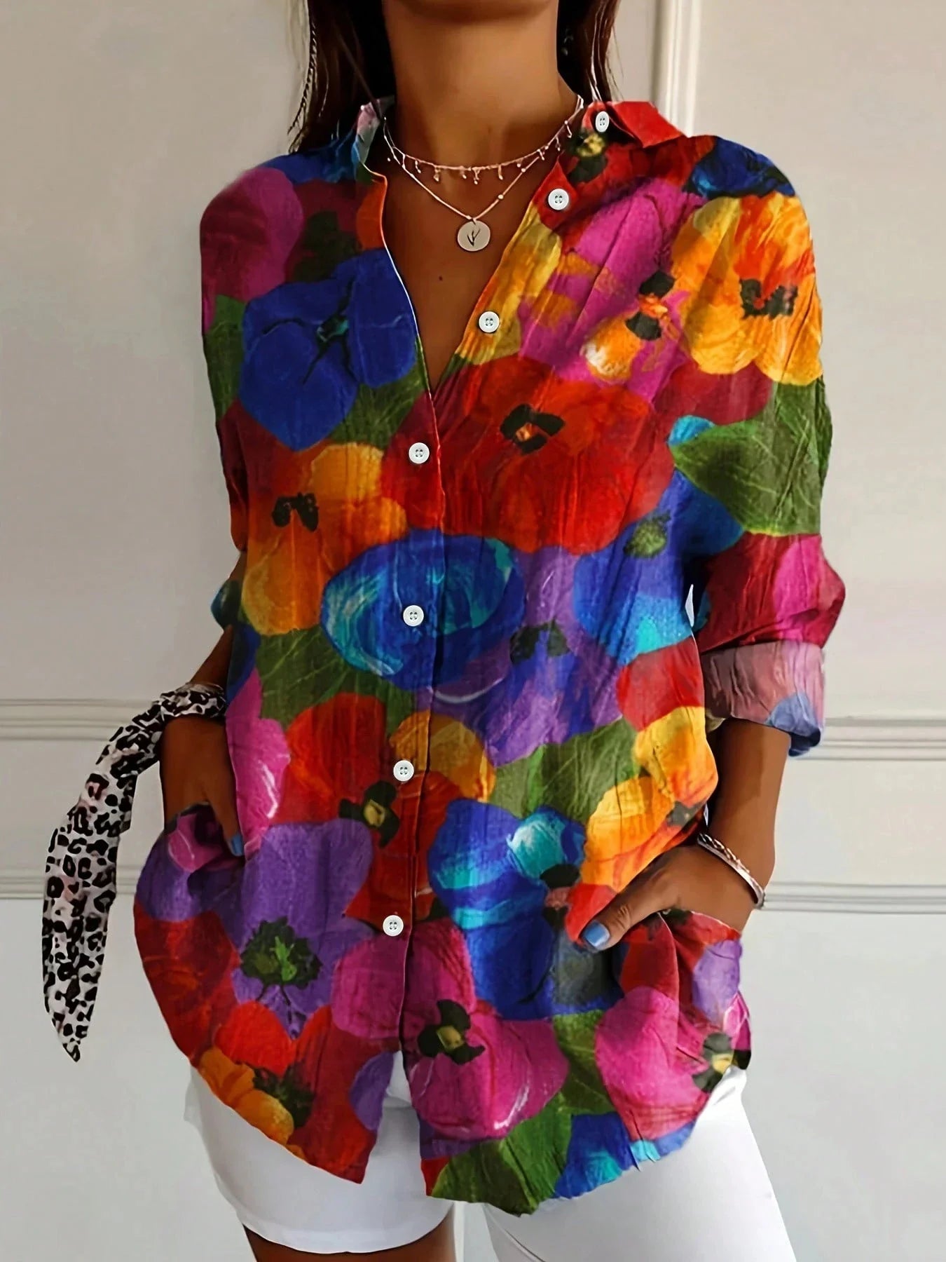 Terri | Women's Playful Relaxed Fit Short Sleeve Round Neck Vibrant Print Blouse 5