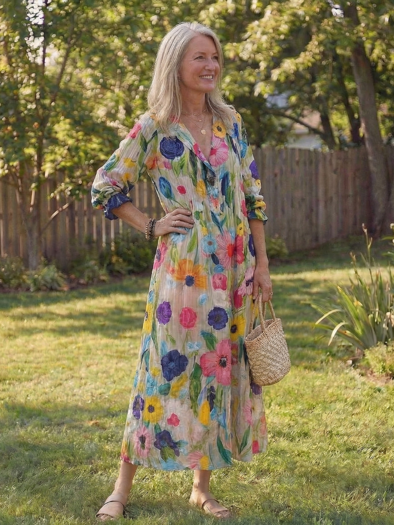 Vacation Chiffon Floral Collared Maxi Dress | Mira 1