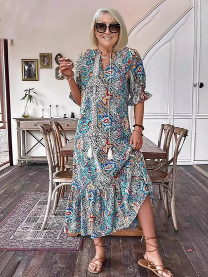 Vacation Cotton Lace-Up Maxi Dress with Pockets | Lila 1