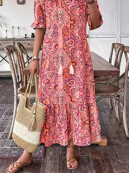 Vacation Cotton Lace-Up Maxi Dress with Pockets | Lila 7