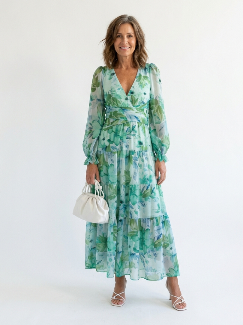 Vacation Wedding Floral Chiffon Long Sleeve High Slit Maxi Dress 1
