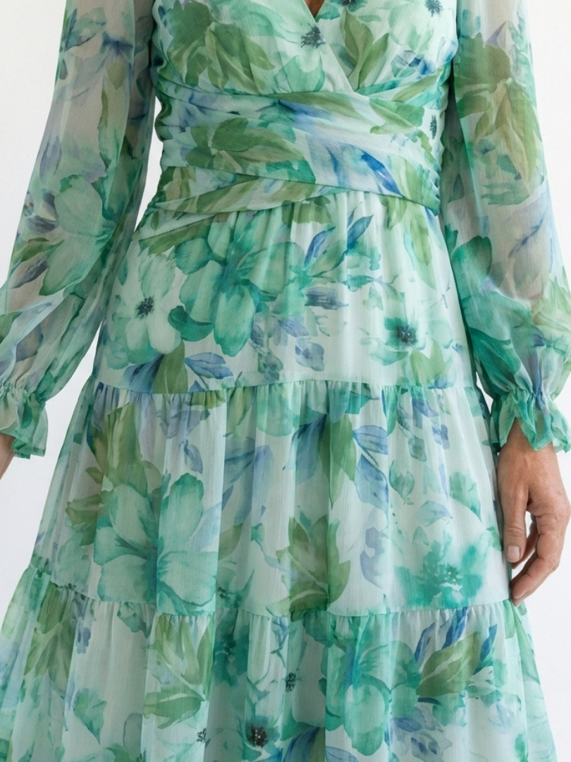 Vacation Wedding Floral Chiffon Long Sleeve High Slit Maxi Dress 2