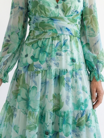 Vacation Wedding Floral Chiffon Long Sleeve High Slit Maxi Dress 2