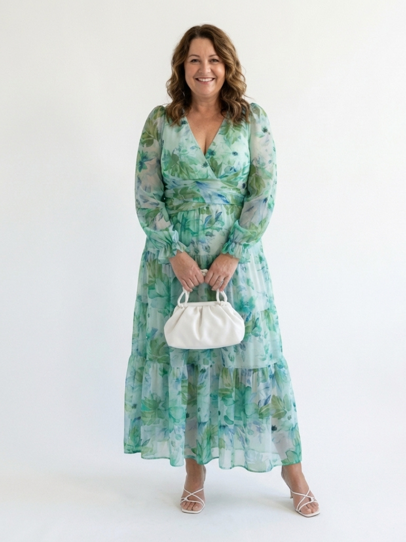 Vacation Wedding Floral Chiffon Long Sleeve High Slit Maxi Dress 3