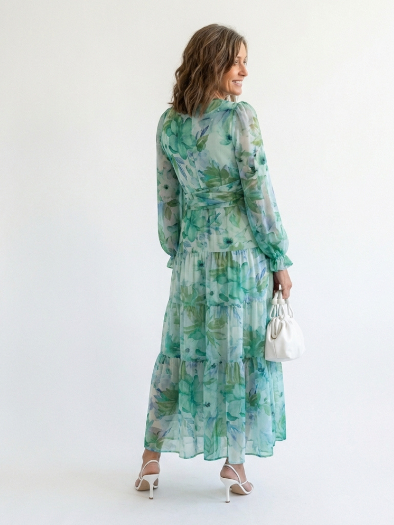Vacation Wedding Floral Chiffon Long Sleeve High Slit Maxi Dress 4