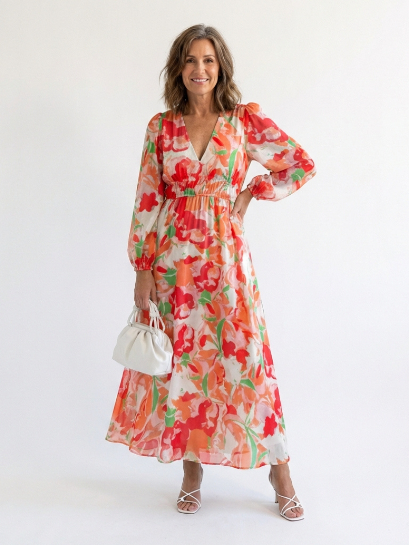 Vacation Wedding Floral Chiffon Long Sleeve High Slit Maxi Dress 5