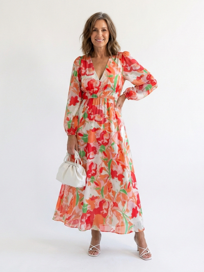 Vacation Wedding Floral Chiffon Long Sleeve High Slit Maxi Dress 5