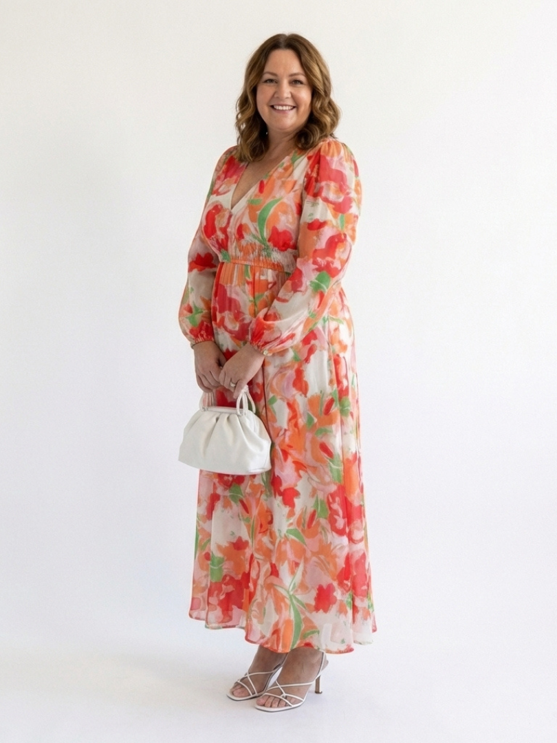 Vacation Wedding Floral Chiffon Long Sleeve High Slit Maxi Dress 6