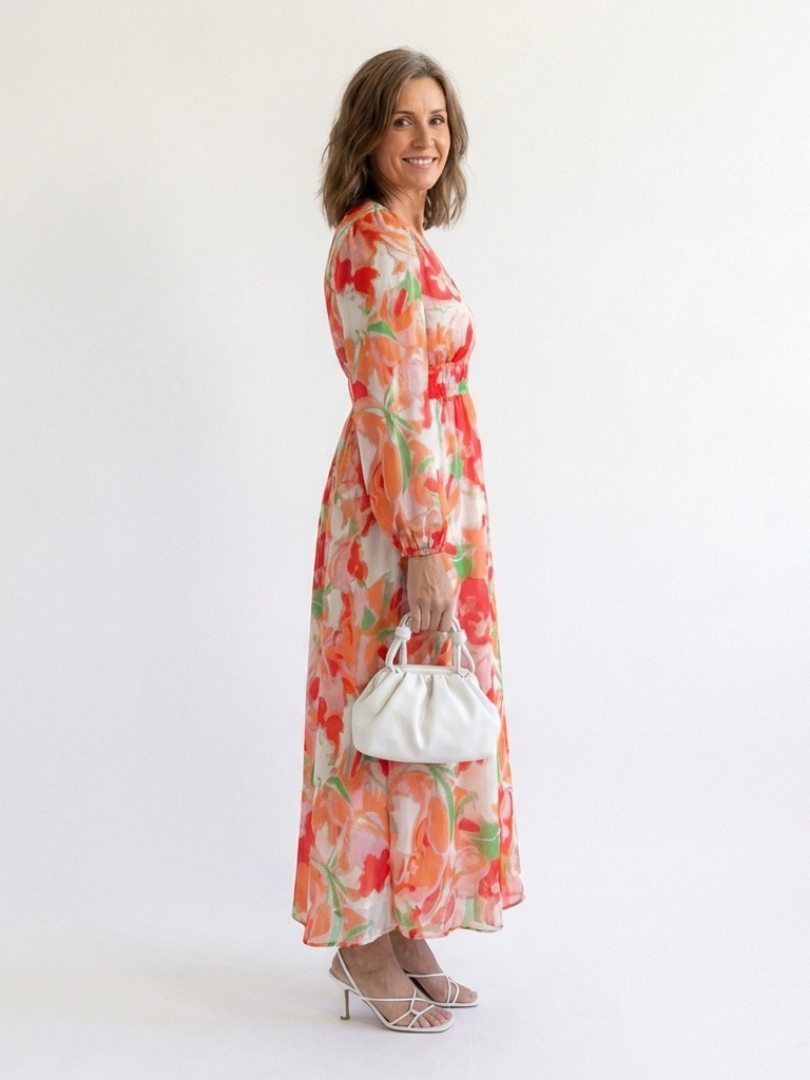 Vacation Wedding Floral Chiffon Long Sleeve High Slit Maxi Dress 7