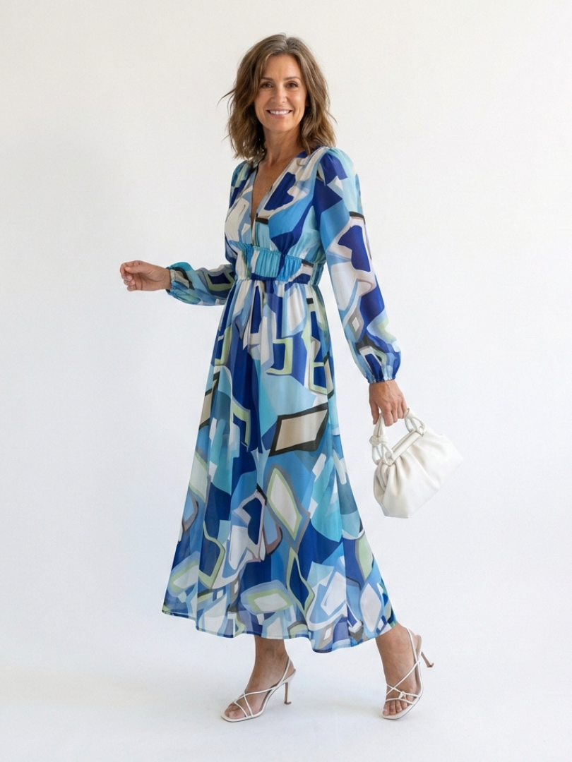 Vacation Wedding Floral Chiffon Long Sleeve High Slit Maxi Dress 8