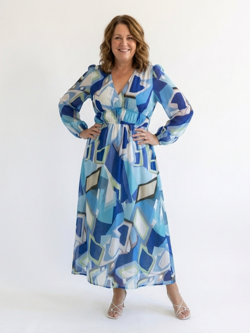 Vacation Wedding Floral Chiffon Long Sleeve High Slit Maxi Dress 9