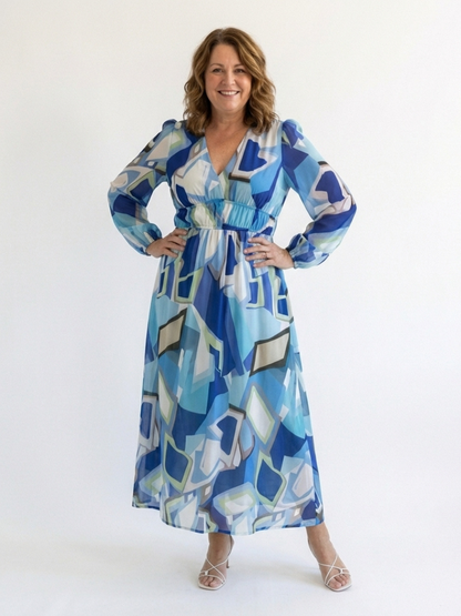 Vacation Wedding Floral Chiffon Long Sleeve High Slit Maxi Dress 9