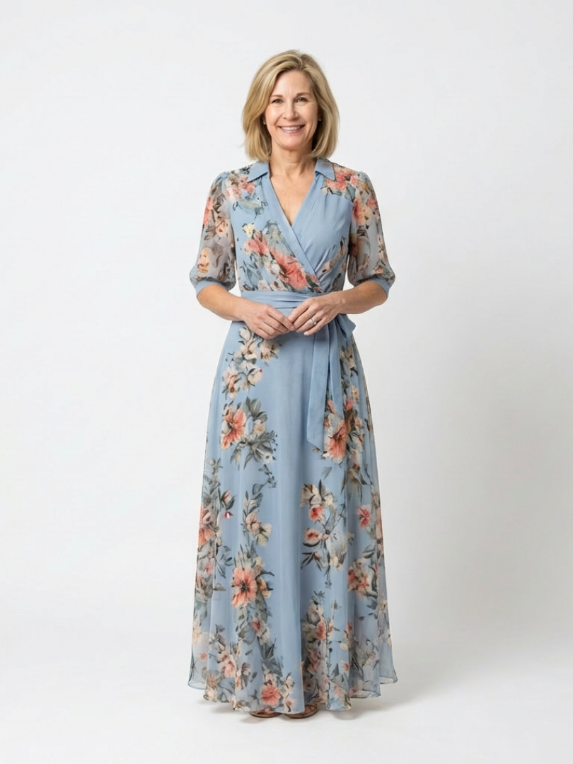 Wedding Guest Floral Chiffon Wrap V-Neck Maxi Dress Short Sleeves 1