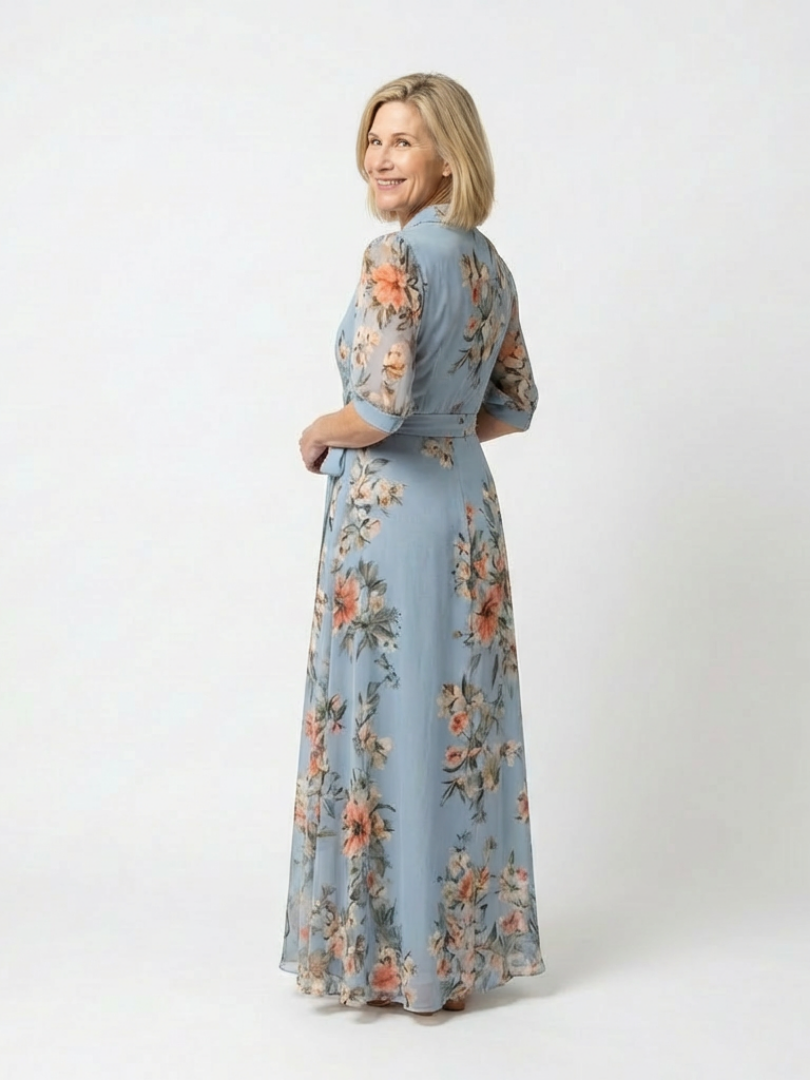 Wedding Guest Floral Chiffon Wrap V-Neck Maxi Dress Short Sleeves 2