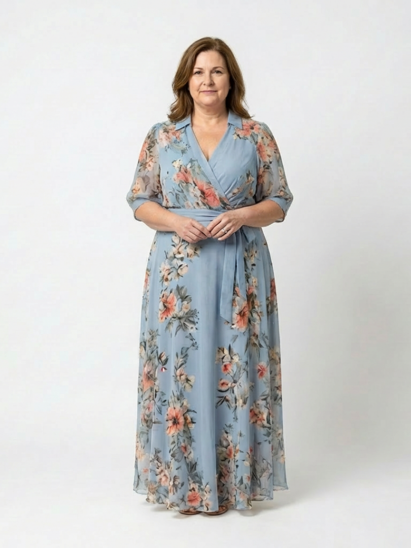 Wedding Guest Floral Chiffon Wrap V-Neck Maxi Dress Short Sleeves 4