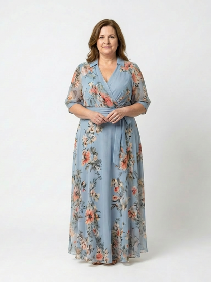 Wedding Guest Floral Chiffon Wrap V-Neck Maxi Dress Short Sleeves 4