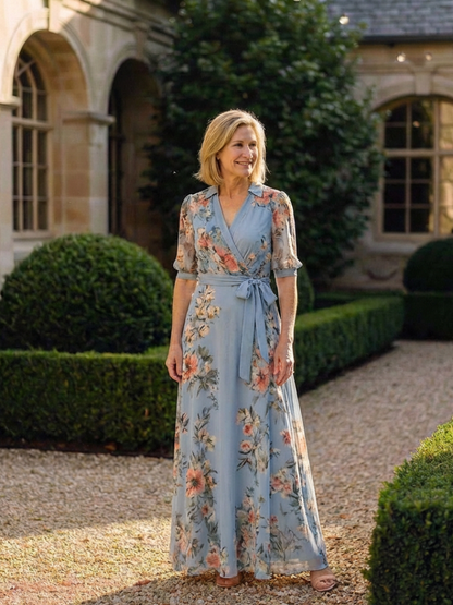 Wedding Guest Floral Chiffon Wrap V-Neck Maxi Dress Short Sleeves 5