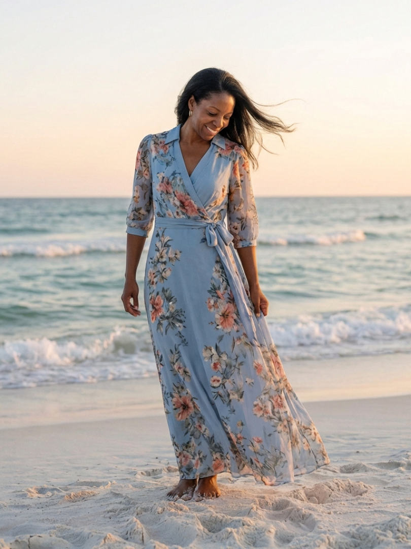 Wedding Guest Floral Chiffon Wrap V-Neck Maxi Dress Short Sleeves 6