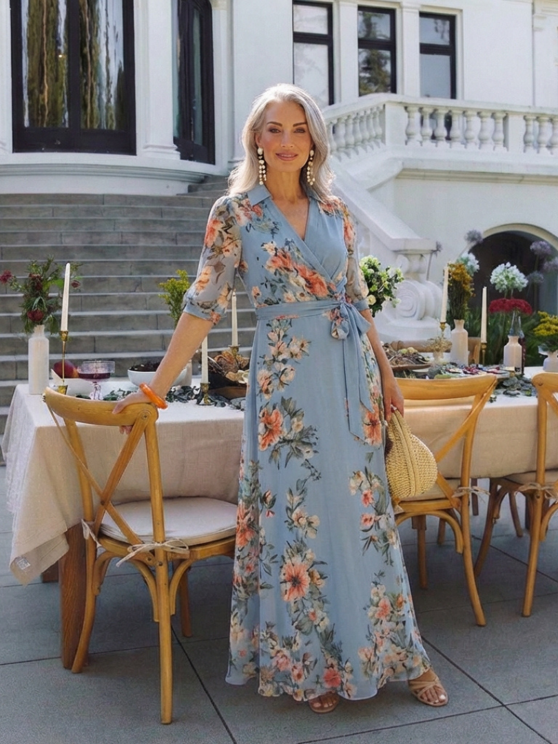 Wedding Guest Floral Chiffon Wrap V-Neck Maxi Dress Short Sleeves 7