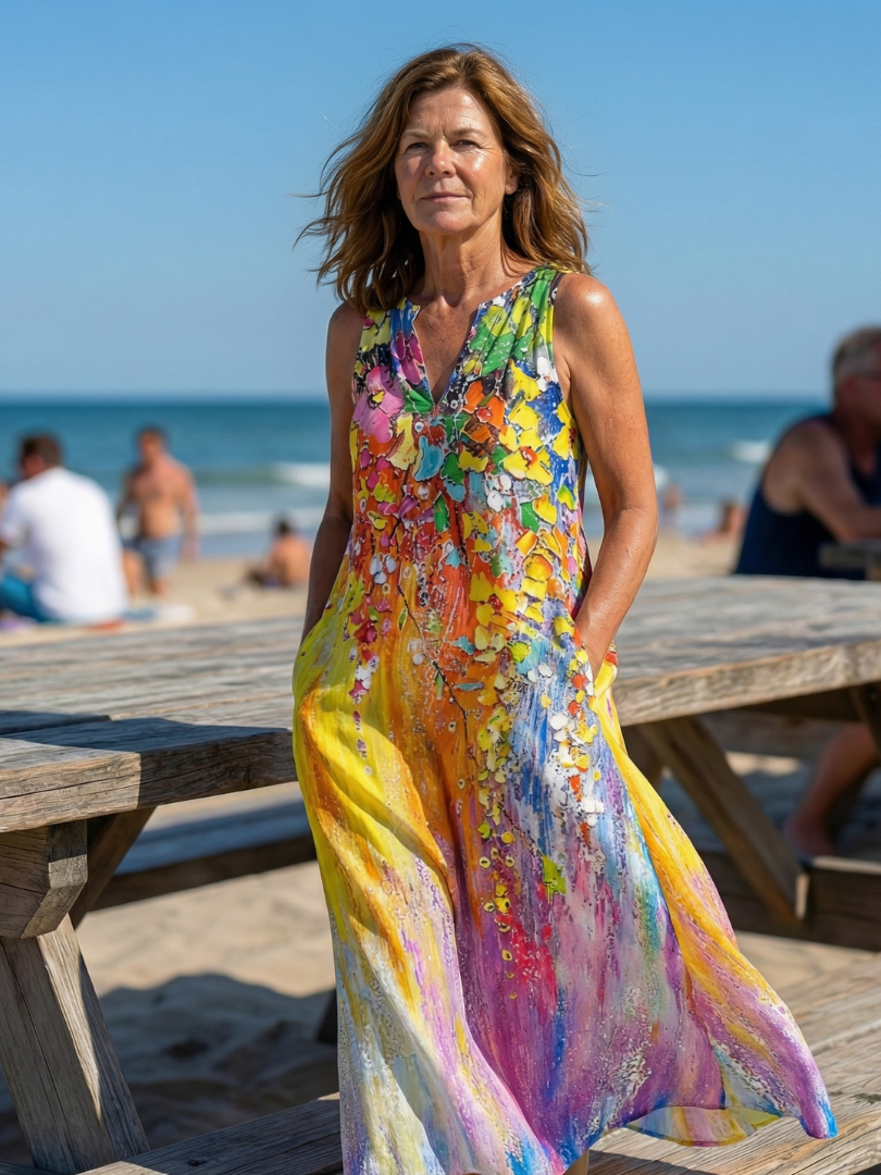 Vacation Beach Dress Floral Maxi Sleeveless with Pockets | Mira 1