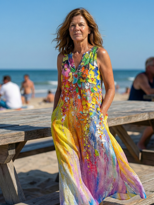 Vacation Beach Dress Floral Maxi Sleeveless with Pockets | Mira 1