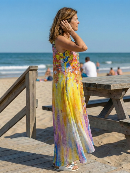 Vacation Beach Dress Floral Maxi Sleeveless with Pockets | Mira 2