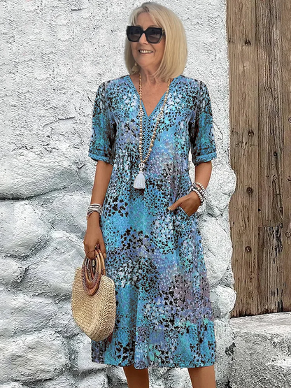 Vacation Floral Print V-Neck Pocketed Midi Dress | Mira 1