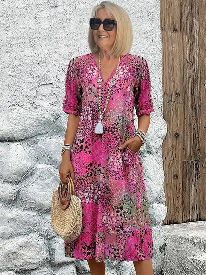 Vacation Floral Print V-Neck Pocketed Midi Dress | Mira 2