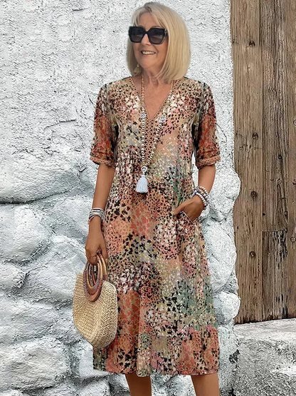 Vacation Floral Print V-Neck Pocketed Midi Dress | Mira 4