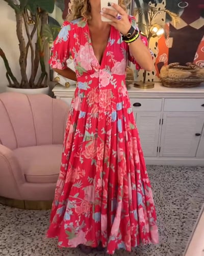 Vacation Floral V-Neck Elastic Waist Maxi Dress | Mira 0