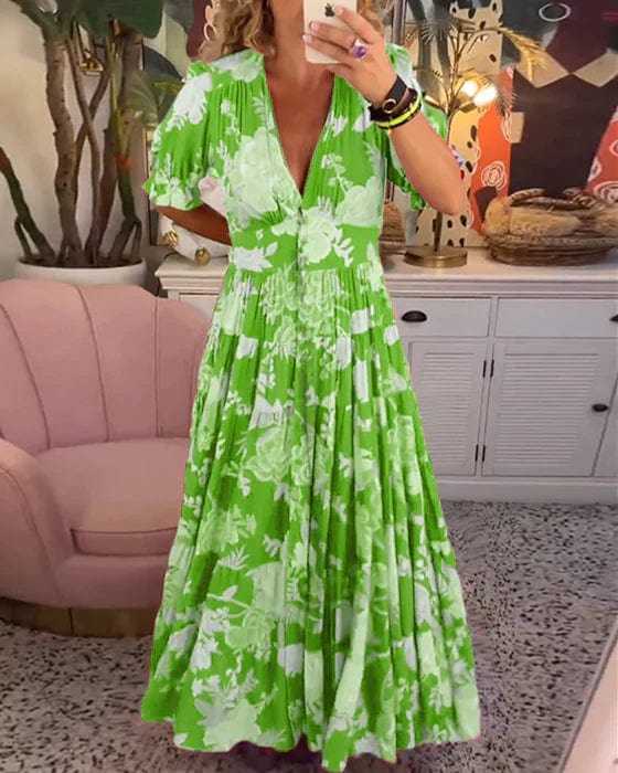 Vacation Floral V-Neck Elastic Waist Maxi Dress | Mira 1