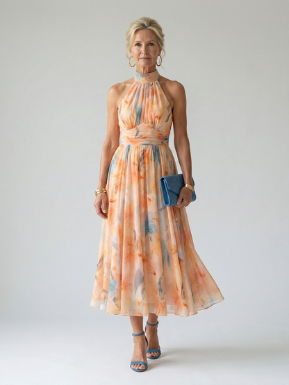 Wedding Guest Lightweight Halter Gathered Midi Dress 1