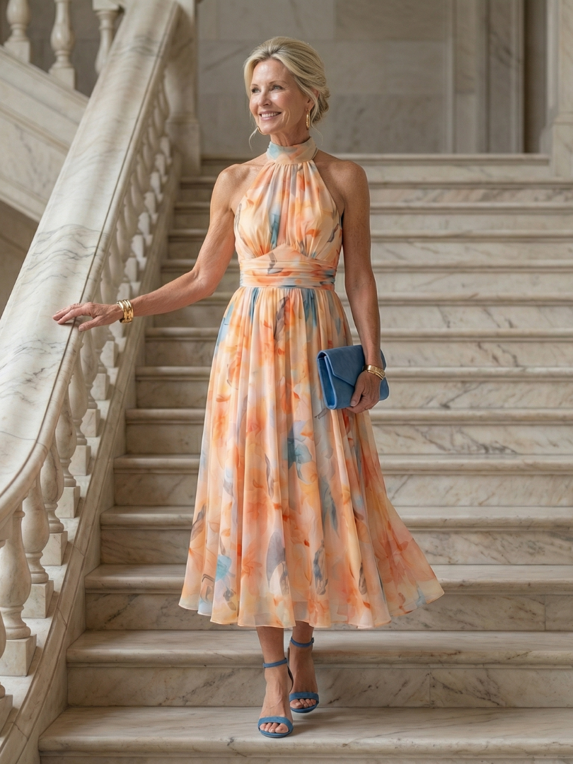 Wedding Guest Lightweight Halter Gathered Midi Dress – marinmarieee
