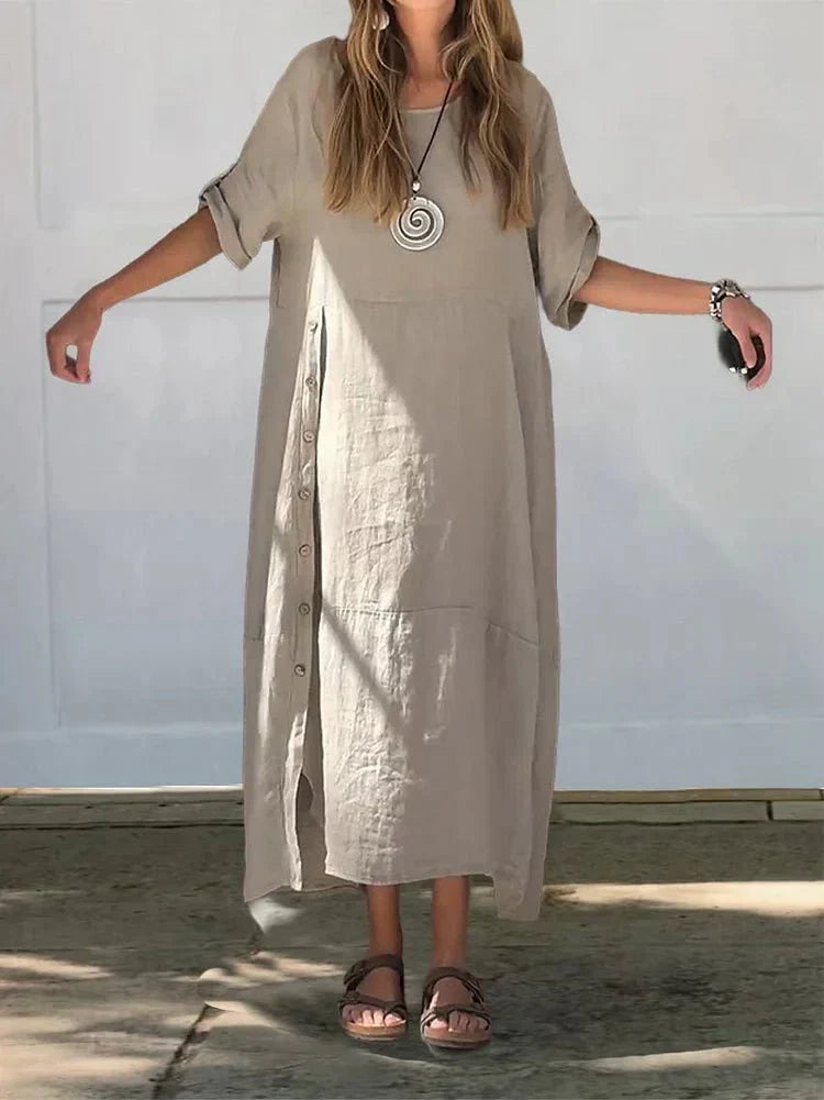 Vacation Linen Blend Round Neck Maxi Dress with Flattering Coverage | Isla 0
