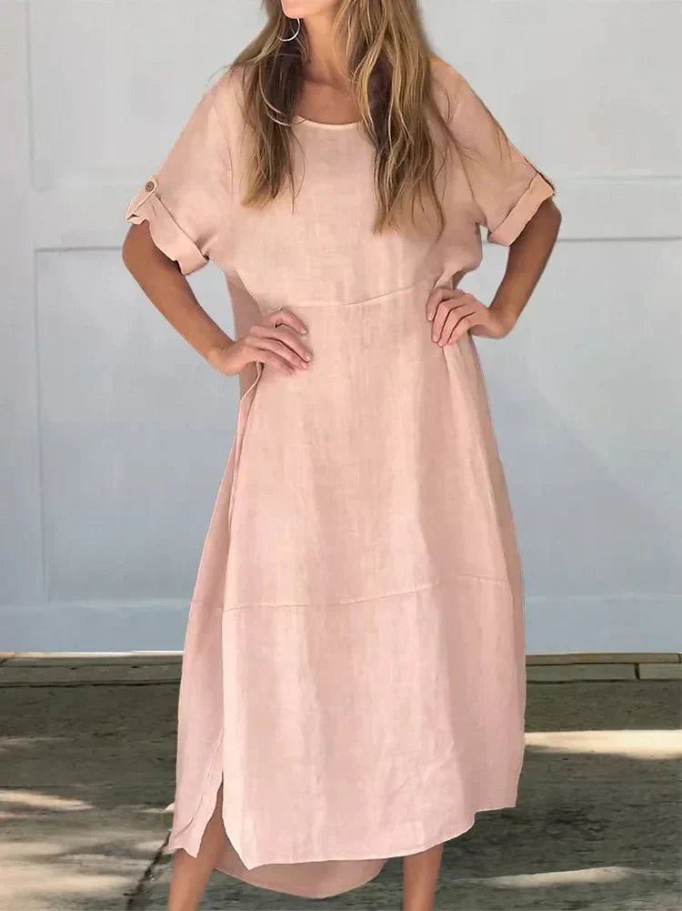 Vacation Linen Blend Round Neck Maxi Dress with Flattering Coverage | Isla 1