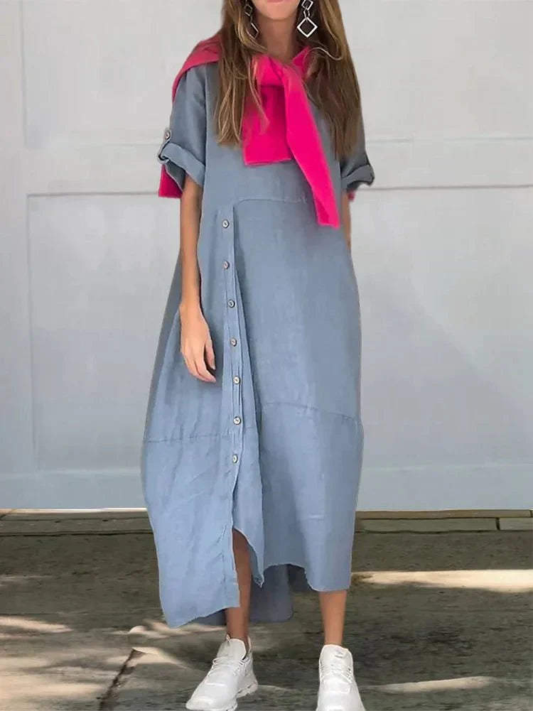 Vacation Linen Blend Round Neck Maxi Dress with Flattering Coverage | Isla 2