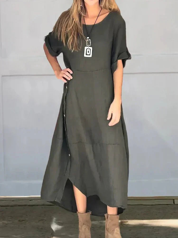 Vacation Linen Blend Round Neck Maxi Dress with Flattering Coverage | Isla 3