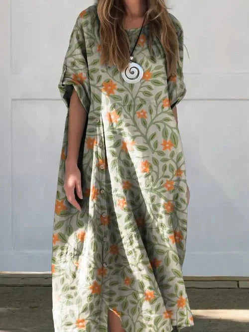 Vacation Linen Blend Round Neck Maxi Dress with Flattering Coverage | Isla 4
