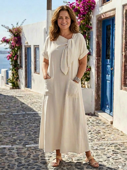 Vacation Tie Detail Short Sleeve Maxi Dress with Pockets 1