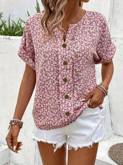 Verna | Women's Chic V-Neck Short Sleeve Loose Fit Floral Print Blouse 2